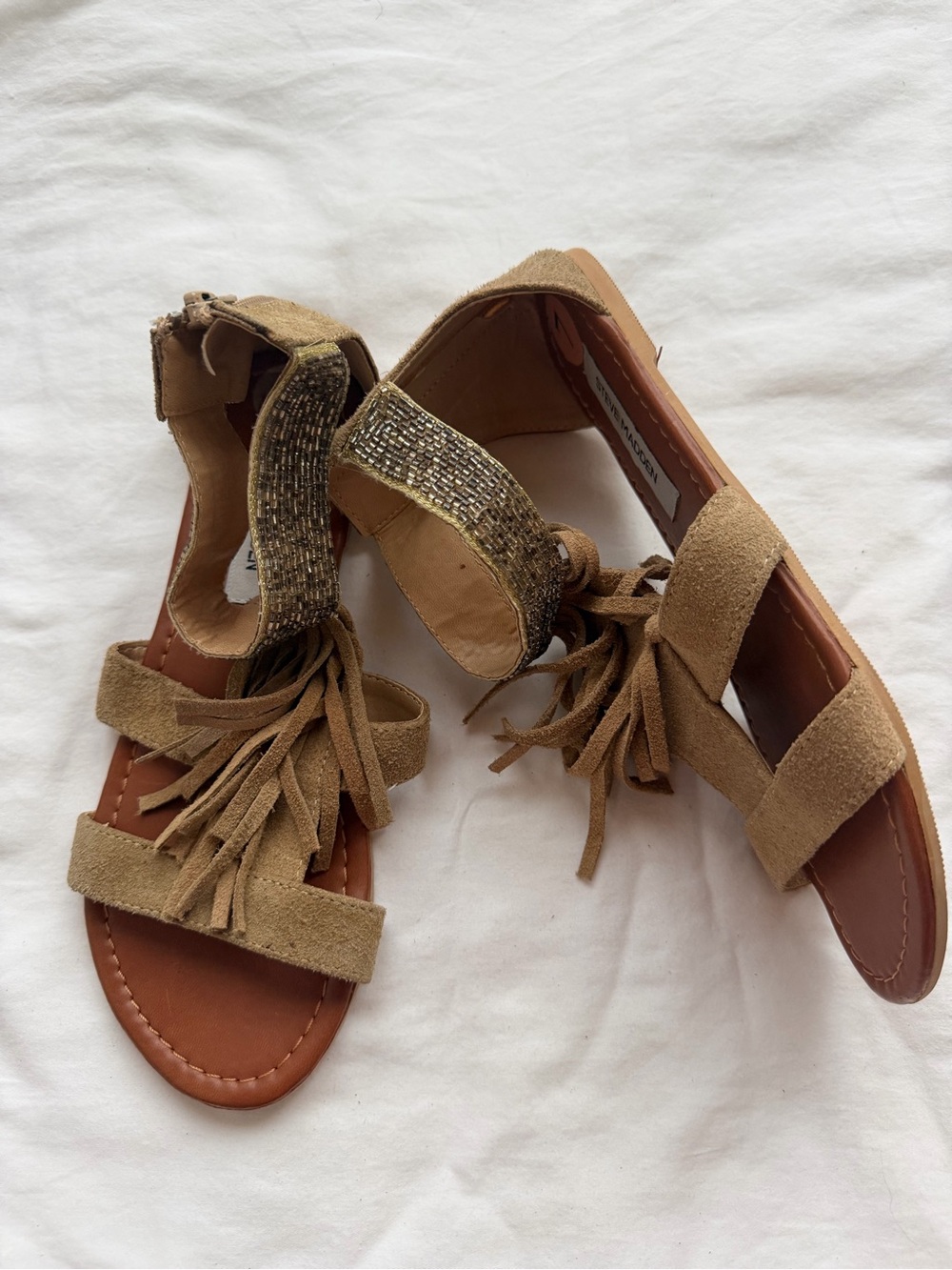 Steve Madden Audree Tan Suede Fringe Beaded Gladiator Sandals Size 7
